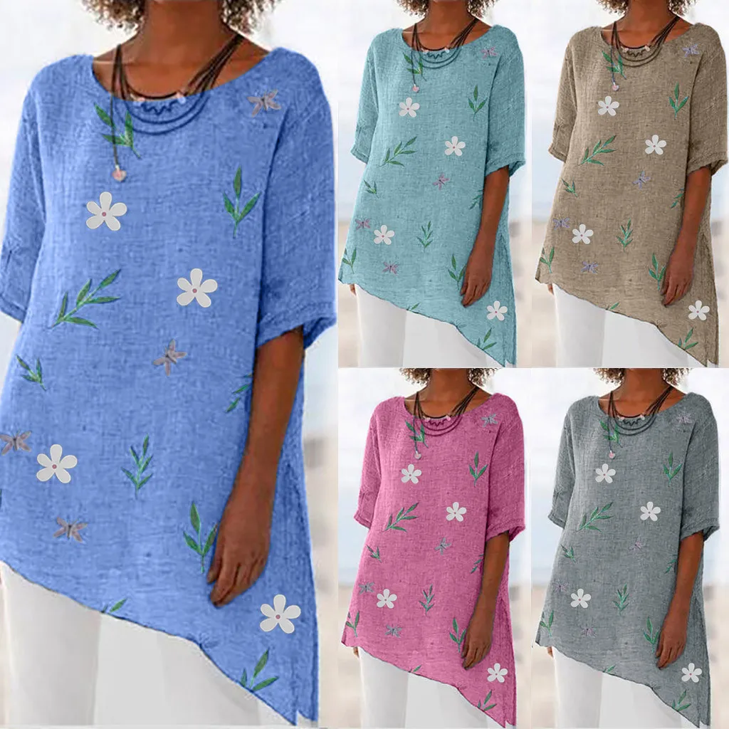 

New Tshirt Women Fashion Summer Casual Easy Long Sleeve O-Neck Print Irregular Beach T-shirt Harajuku Camiseta Top Women T Shirt