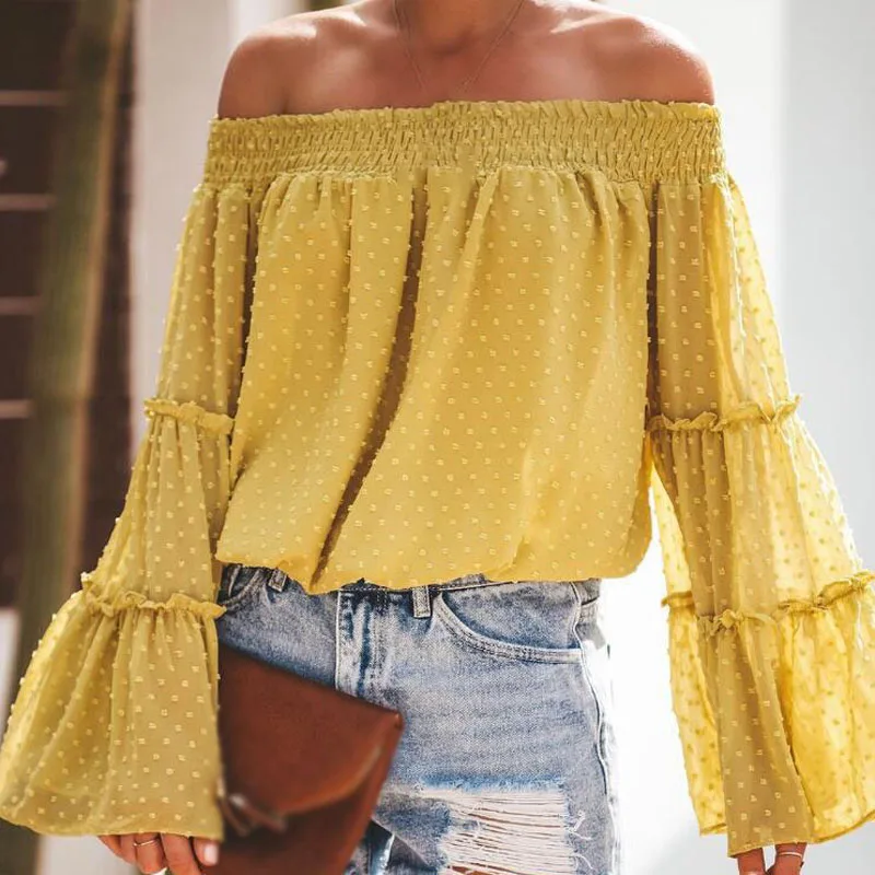 Women Tops Sexy Girl's Elegant Boat Neck Trumpet Sleeve Loose Long-sleeved Chiffon Solid Color Casual Holiday Party Tops