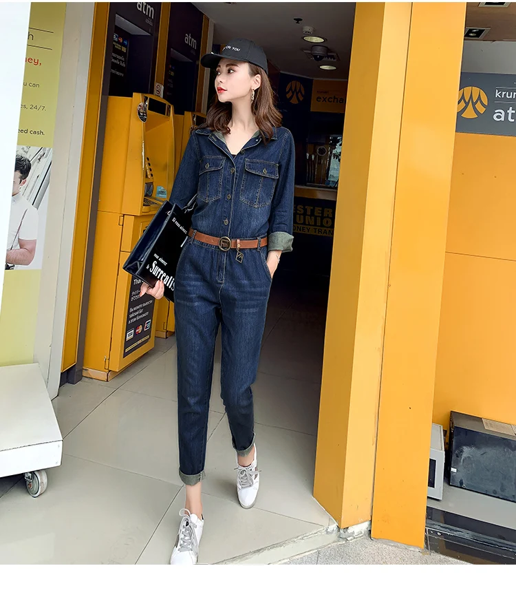 2019 Spring Jumpsuit for Women Ankle-Length High Street Turn-down Collar Denim Jumpsuits with Pocket Size M L XL 2XL 2019 Spring Jumpsuit for Women Ankle-Length High Street Turn-down Collar Denim Jumpsuits with Pocket Size M L XL 2XL