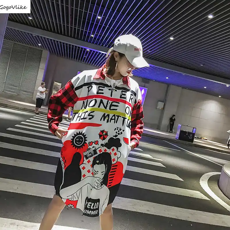 

Cartoon Print Shirts Blouse Harajuku Women Oversize Blouses 2019 Spring Women Shirt Dress Plus size Dresses Ulzzang LT126S50