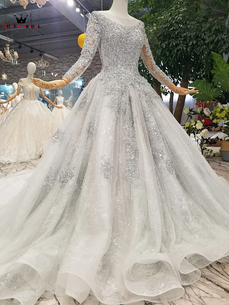 Luxury Gray Vintage Ball Gown Evening Dresses Long Sleeve Crystal Beaded Lace 100% Real Photo Robe De Soiree Party Dress DW05