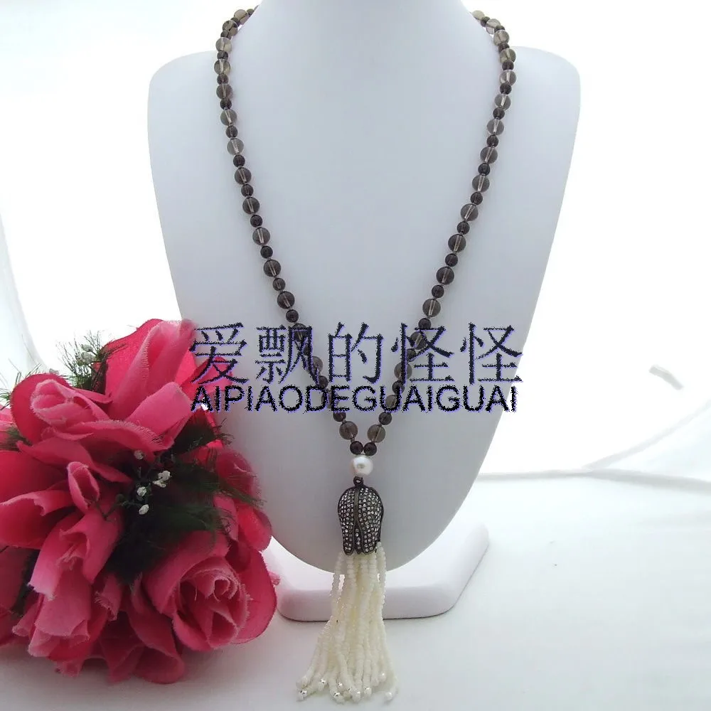 

27'' Pearl & Black Crystal Quartz Coral CZ Pendant Necklace