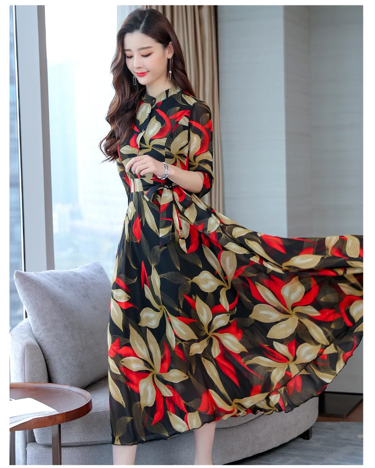 Весеннее шифоновое платье с принтом, повседневные темпераментные женские длинные платья с цветочным рисунком, вечерние платья, Vestido M-3XL размера