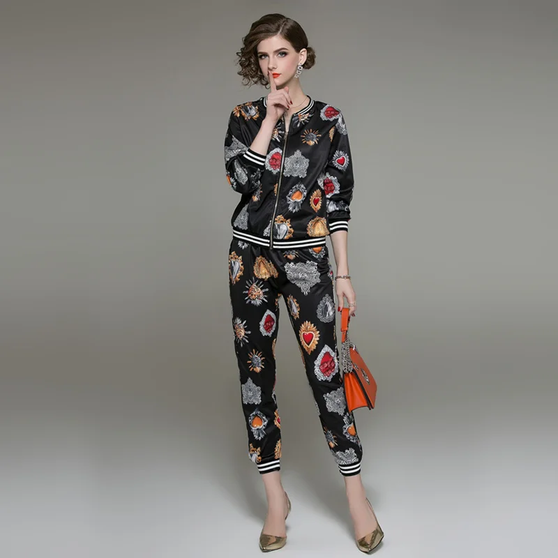

HAMALIEL Runway Autumn Pants Set Women Printed Long Sleeve Zipper Baseball Jacket + Elastic Waist Pencil Tracksuit trousers Set