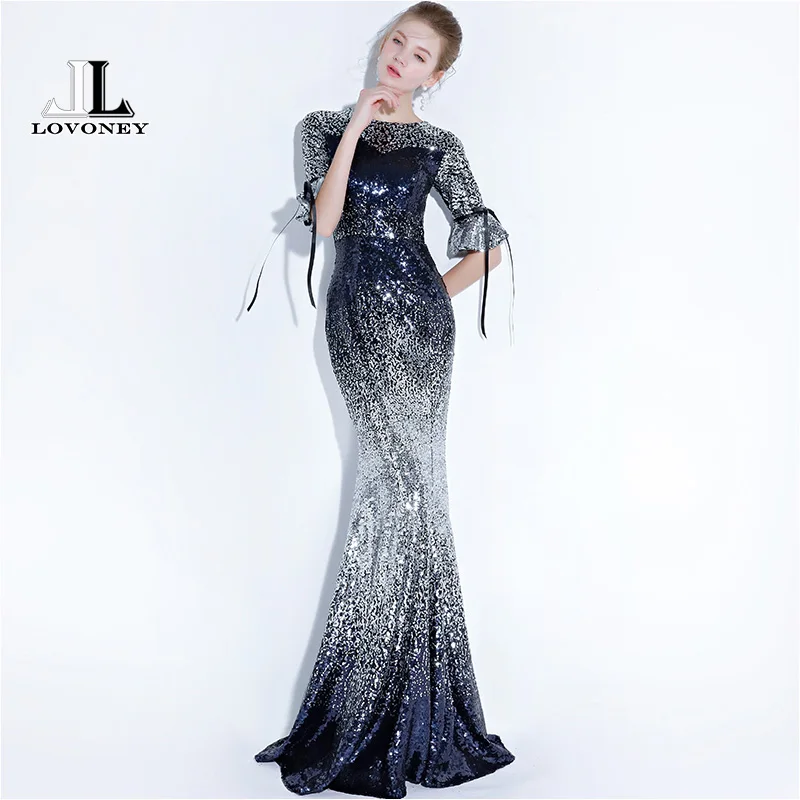 LOVONEY Elegant Mermaid Evening Dress Long Sequins Half Sleeves Formal Party Dresses Evening Gown Robe De Soiree YS430 LOVONEY Elegant Mermaid Evening Dress Long Sequins Half Sleeves Formal Party Dresses Evening Gown Robe De Soiree YS430