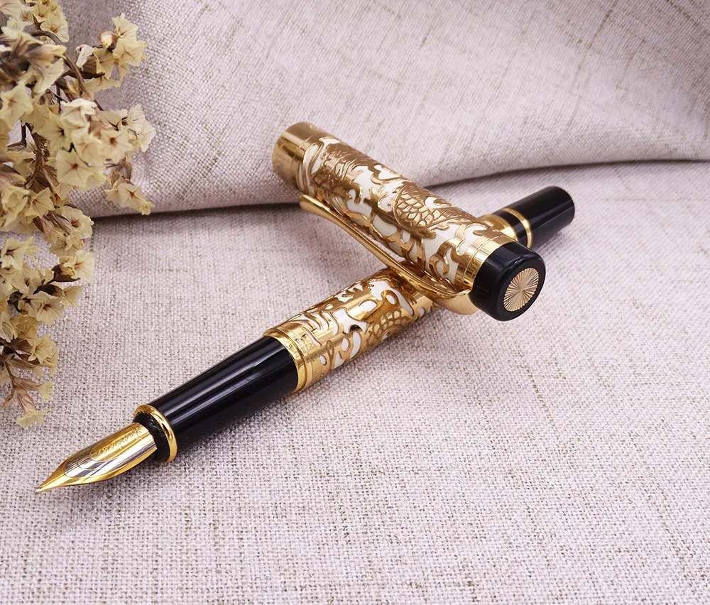 Jinhao 5000 желтый золотой перьевая ручка и роликовая ручка с реальным кожаный пенал сумка промывают коровьей пенал для ручек набор для письма