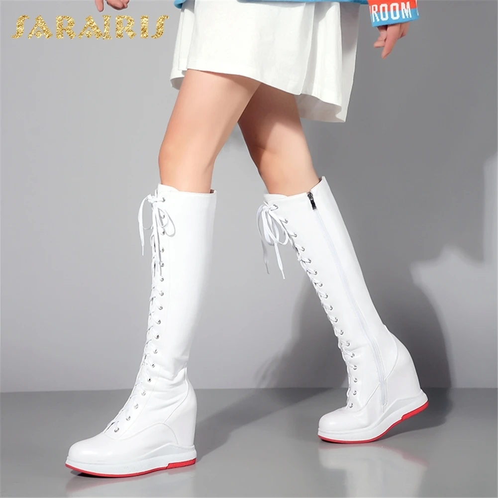

SARAIRIS 2018 wholesale dropship Cow Leather Zip Up Knee High Boots Woman Shoes High Heels Add Fur Winter Boots Shoes Woman