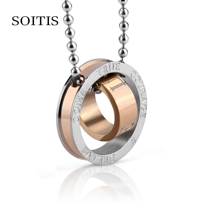 

SOITIS Women Men Double Rings Pendants Engraved Love Unique Design Chain Valentine's Gift Beaded Chain Stainless Steel