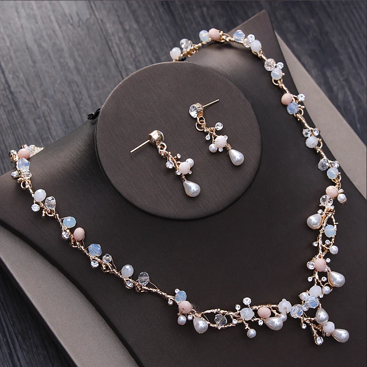  Ramo de Ouro Pérolas Tiara Colar Brincos Conjunto De Jóias de Casamento Artesanais Acessórios De Noiva Mulheres Conjuntos de Jóias (9)