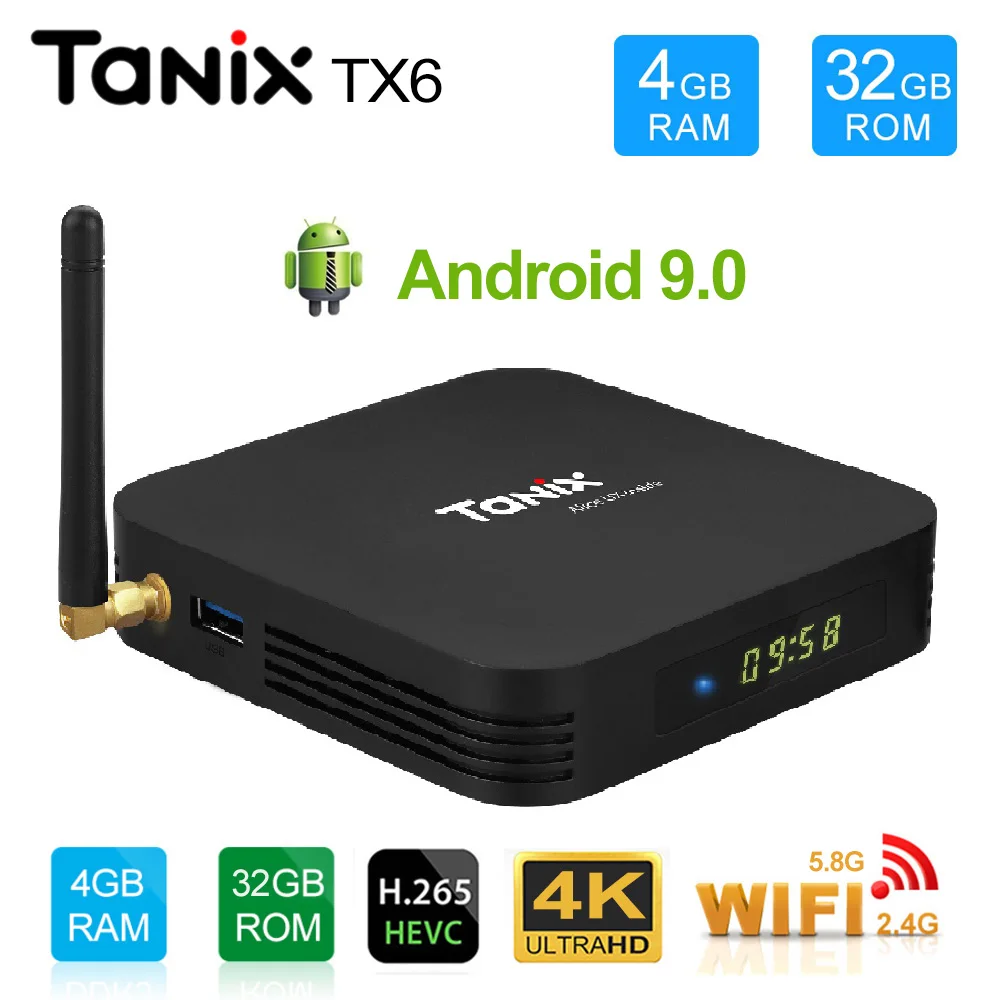 

Tanix TX6 Android 9.0 Smart TV Box Allwinner H6 4GB 32GB Support 6K H.265 4K 2.4G/5GHz WiFi BT4.2 Netflix Google Play Store