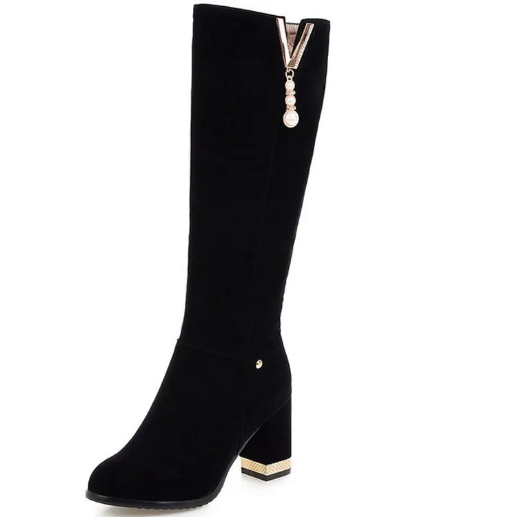 

Elegant Striped Matte Velvet British Fashion Black Suede Shoes Womens Thick Heel Platform Knee High Boots