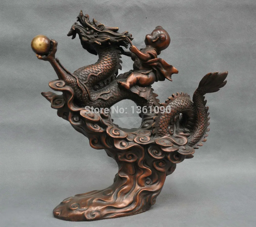 

xd 00934 12'' China Folk Boy Kid Ride Dragon Flying Bronze Statue