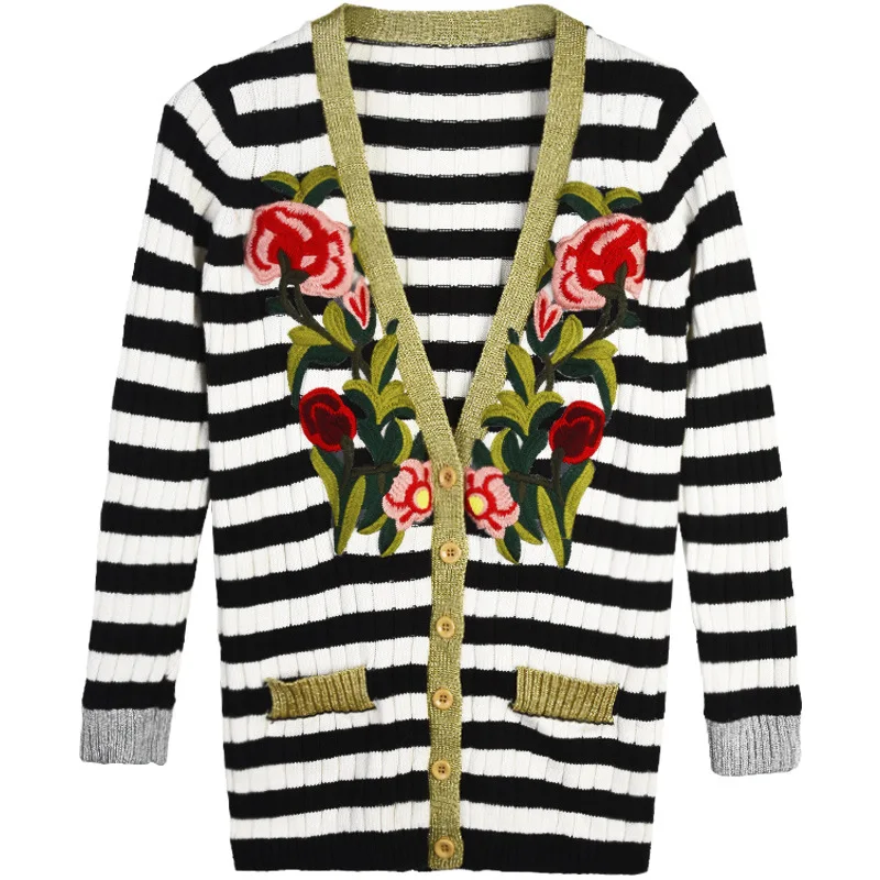 Star The Same Type Heavy Industry Embroidery Gold Thread Three-dimensional Black White Striped Sweater Women Loose Medium Long Star The Same Type Heavy Industry Embroidery Gold Thread Three-dimensional Black White Striped Sweater Women Loose Medium Long