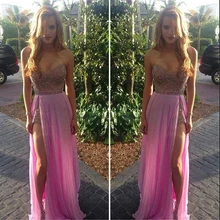 Erstaunliche Strand Prom Kleider Perlen Kristall Billig Chiffon-Abschlussballkleid 2016 Fuchsia Schatz Sleeveless Slit Kleider Für Prom