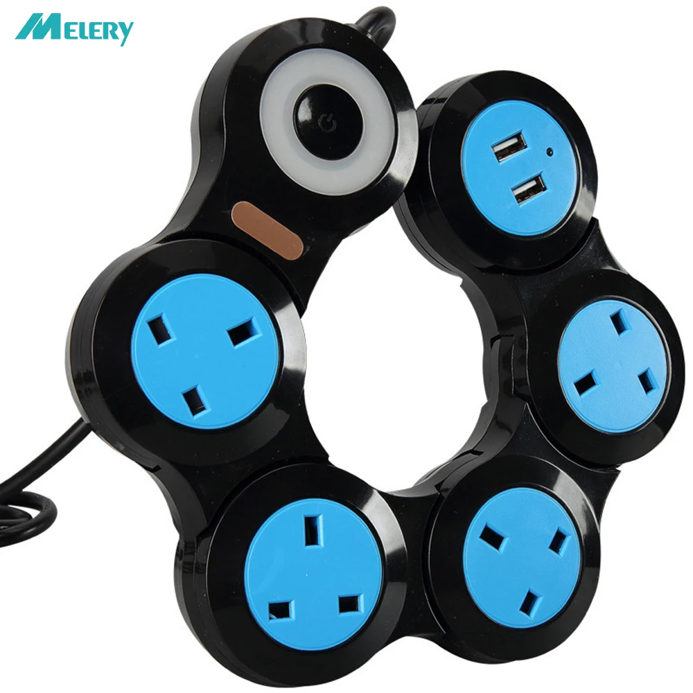 

Power Strip Flexible Rotary Movable Outlets UK Plug Socket with USB Indicator Light 1.8m Extension Cord 10A Travel Charger Blue