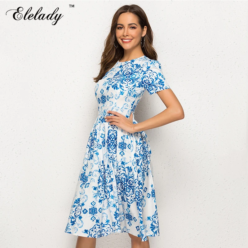 Elelady 2019 весна лето цветочный принт платье с коротким рукавом платья для вечеринок