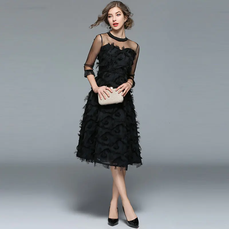 Borisovich Luxury Women Evening Party Dresses New Arrival 2017 Spring Fashion Tassel O-neck Elegant Black Female Dress M070