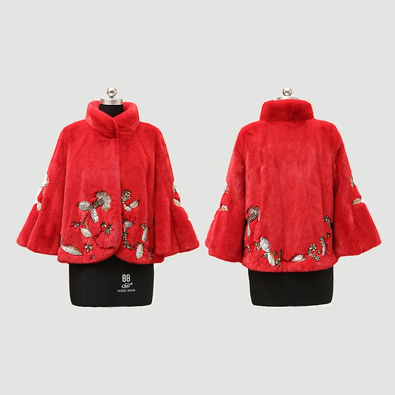 M.Y.FANSTY Winter Imported Swan Velvet Mink Coats Flare Sleeve Bead Mandarin Collar Real Fur Short Causal Women Mink Fur Coats