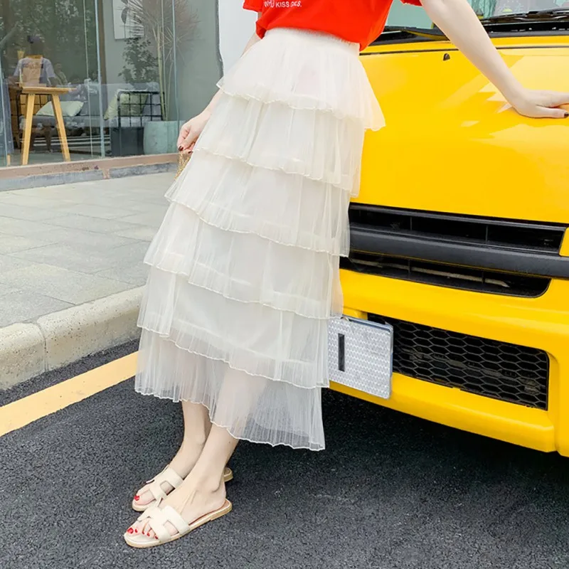 2022 Pleated Skirts Spring New Women Sweet Cake Layered Long Mesh Skirts Princess High Waist Ruffled Vintage Tiered Tulle