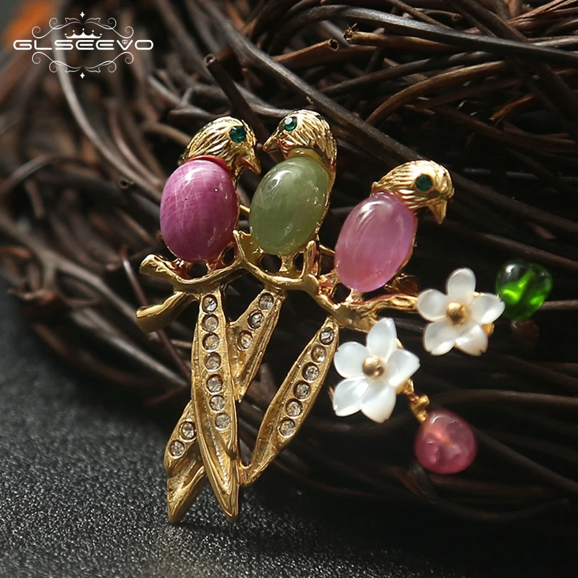 

XlentAg Natural Tourmaline Birds Brooch Pins Shell Flower Brooches For Women Birthday Gift Dual Use Luxury Fine Jewelry GO0131