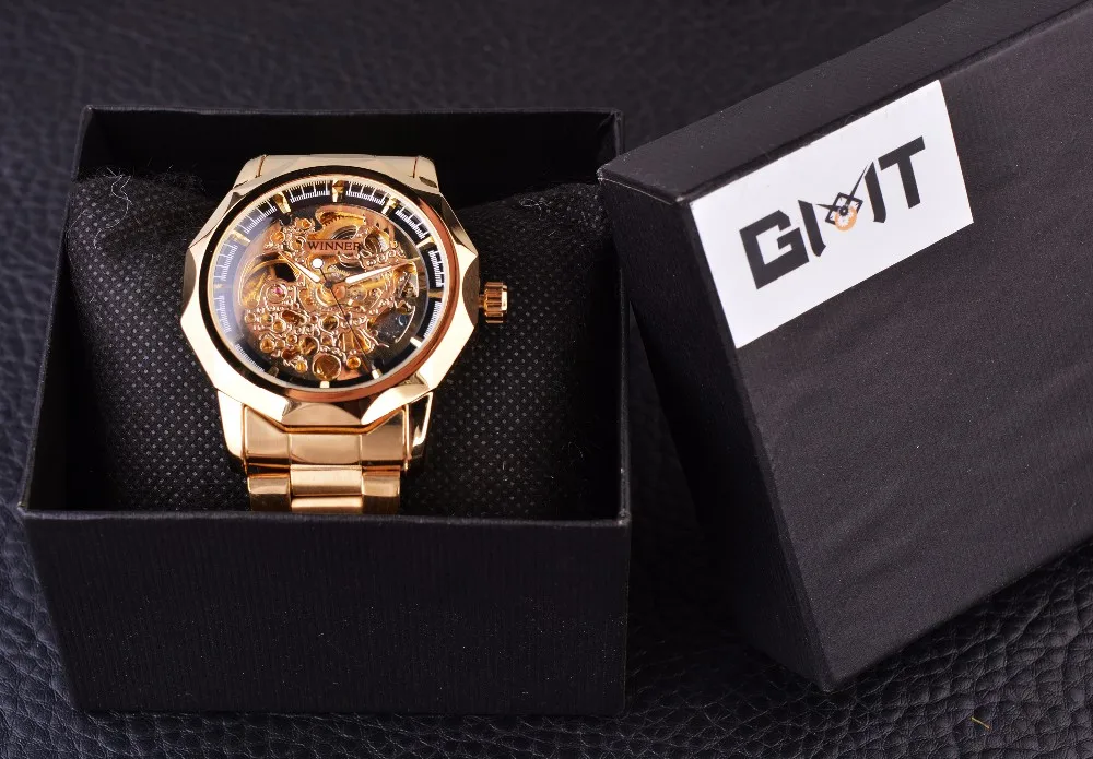 Winner, королевская серия, золотые роскошные мужские наручные часы со скелетом из нержавеющей стали, мужские часы, Топ бренд, Роскошные автоматические часы