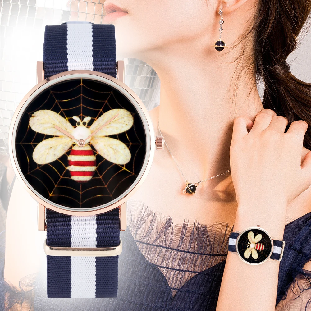 

Women's Fashion Quartz Analog Wristwatch Unique Mixed Color Nylon Strap Watches Black Dial with White Bee Pattern Wristwatch