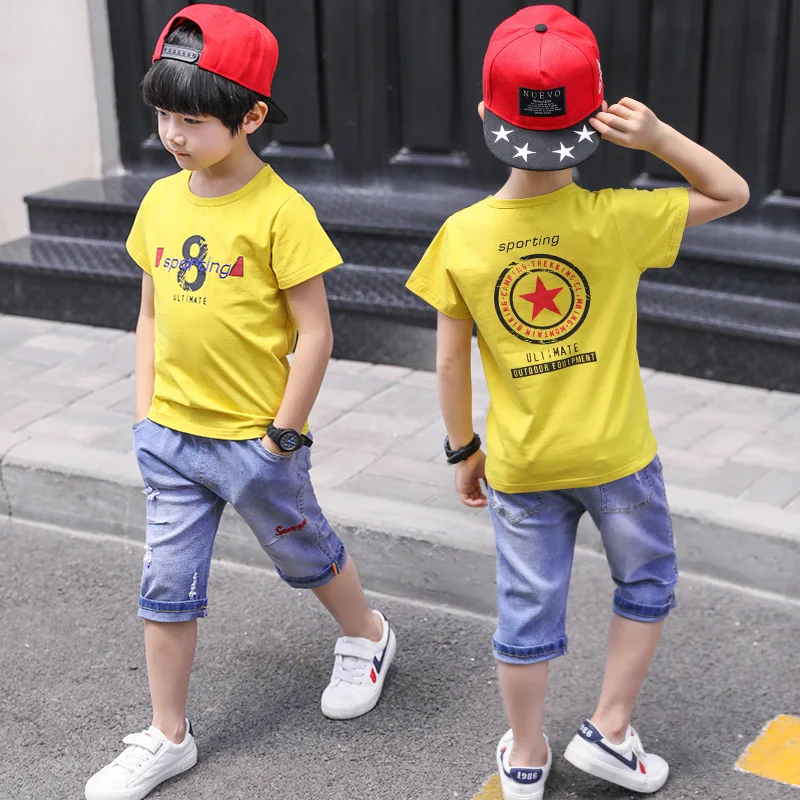 

Feiluo Fashion Baby Clothes Set 2PCS Fashion Boy T-shirt Summer Top 8 print Denim Shorts T-shirt + Denim Shorts set STDA12