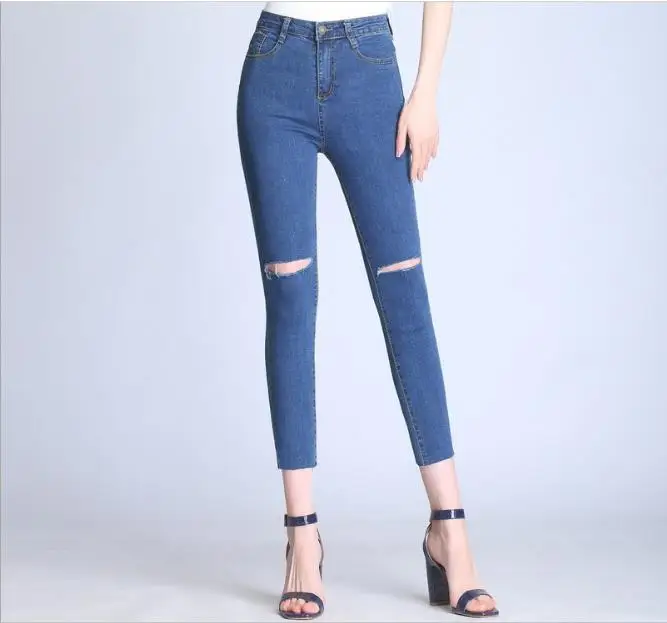 

2019 Hot Sale Spring Plus Size Moustache Effect Ripped Bleached Mid Waist Full Length Women Straight Stretch Jeans NEW