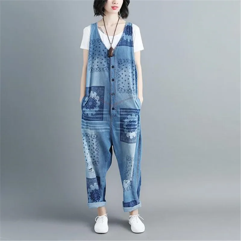 BUYKUD 2018 Summer Women Cotton Printed Blue Casual Denim Jumpsuits V Neck Sleeveless Pockets Buttons Loose Jumpsuit&ampRomper | Женская