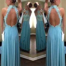 Roben de soiree 2016 longue sexy backless halfter hellblau chiffon-eine line abendkleider hergestellt in china
