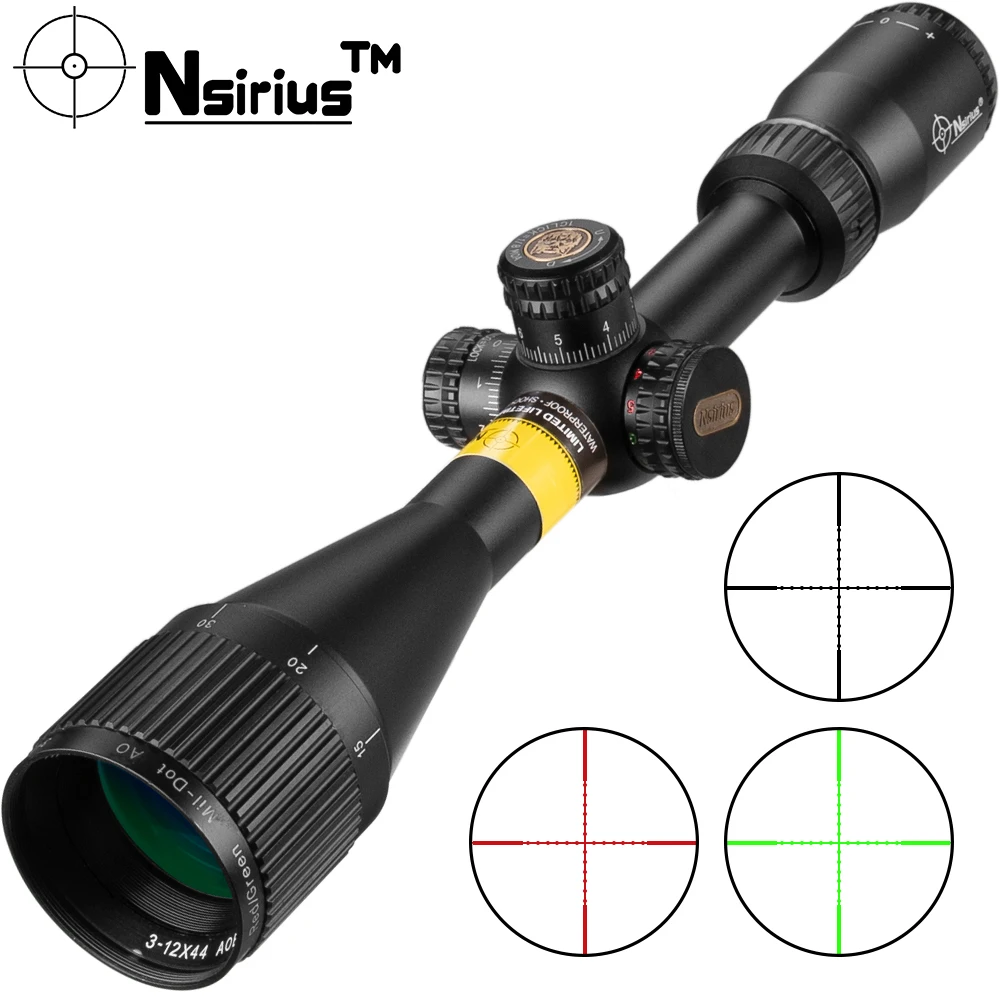 

NSIRIUS 3-12X44AOE High Quality Tratical Hunting Riflescope Red Green Mil-Dot Illuminated Retical Hunting Optical Sigh