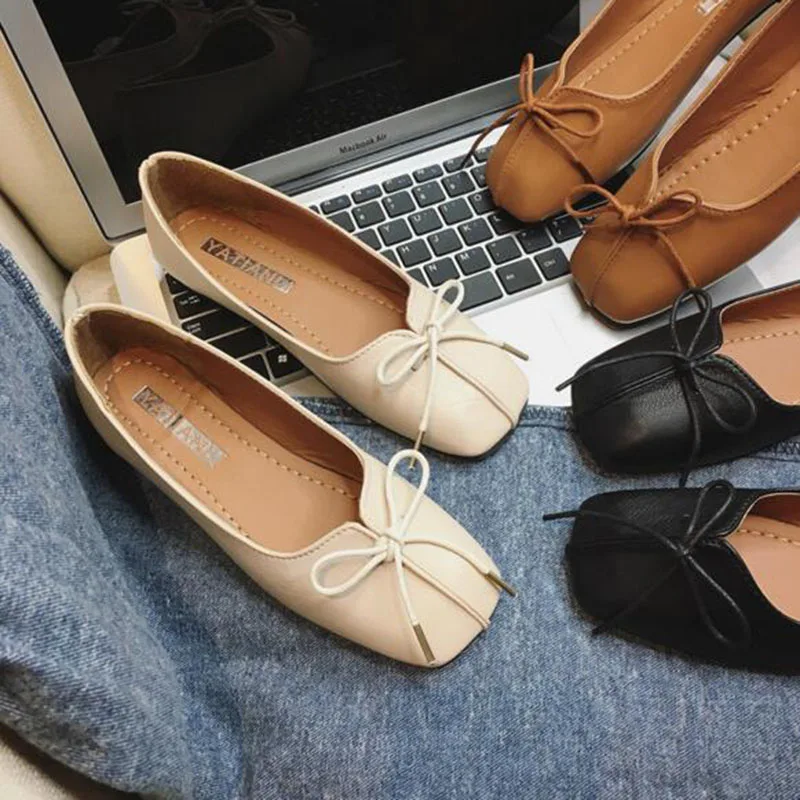 

Pregnant Women Square Toe Butterfly-knot Design Solid Color Summer Doug Shoes Loafers Flats Shoes Shallow Mouth Leather Shoes