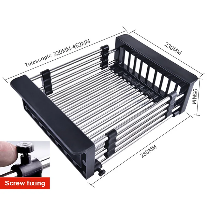 Держатель из нержавеющей стали сливной корзина телескопическая раковина стойка шкаф-органайзер для кухни Чистка фруктов овощей столовые приборы - Цвет: Black