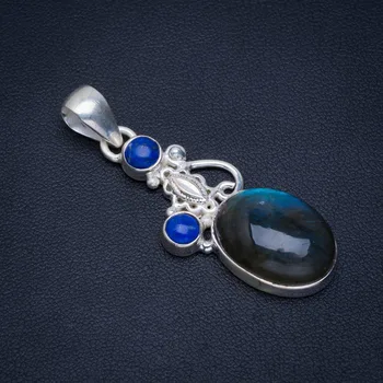 

Natural Blue Fire Labradorite and Lapis Lazuli 925 Sterling Silver Pendant 1.75" AU0096