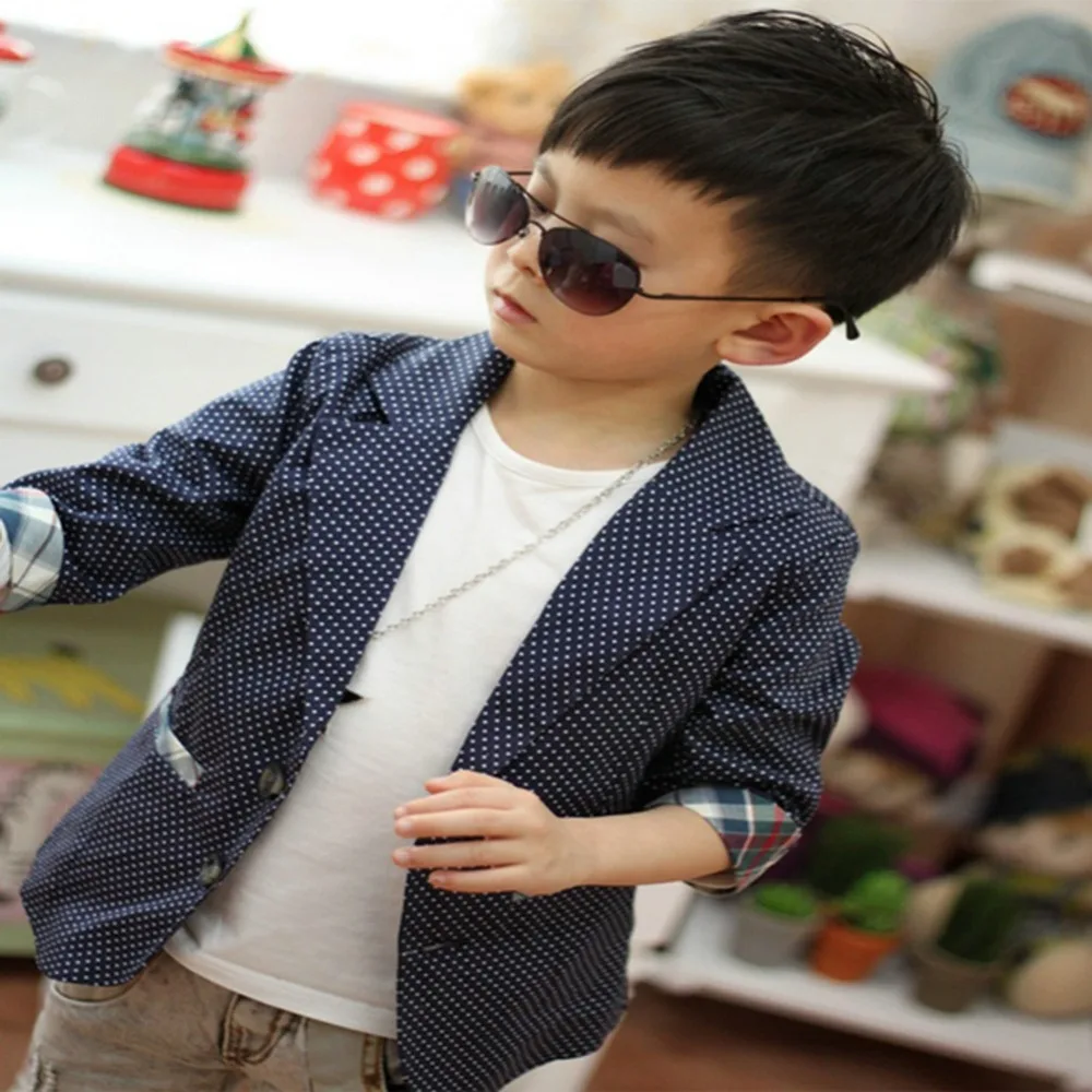 

Elegant Cool Boys Cotton Suit Plaid Dots Printed Blazer Kids Jacket Coat Casual Outwear 2-7Y