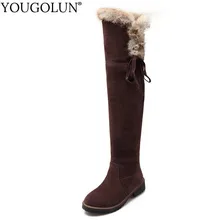 Зимние сапоги до бедра; женские зимние сапоги на низком каблуке; Теплая обувь с меховой отделкой; Женские Сапоги выше колена с перекрестными ремешками; цвет черный, коричневый, желтый
