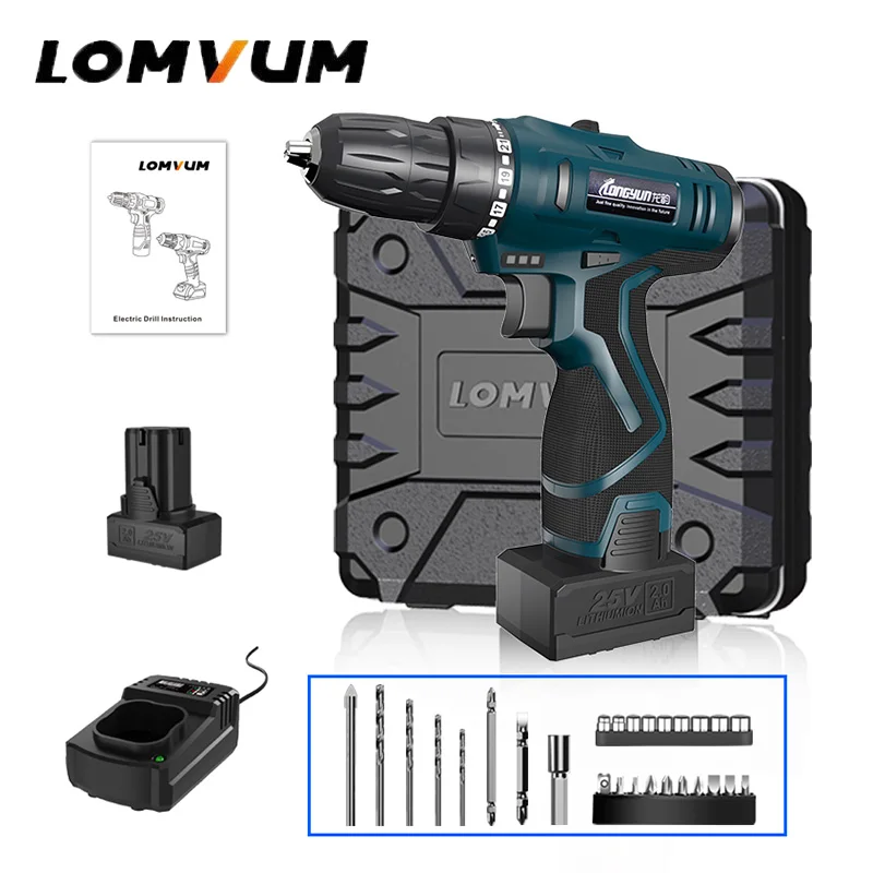 LOMVUM 25V Double Speed Cordless Screwdriver 2 Battery Electric Mini Drill LED Light Power Indicator Non-Slip Handle PC  LZ