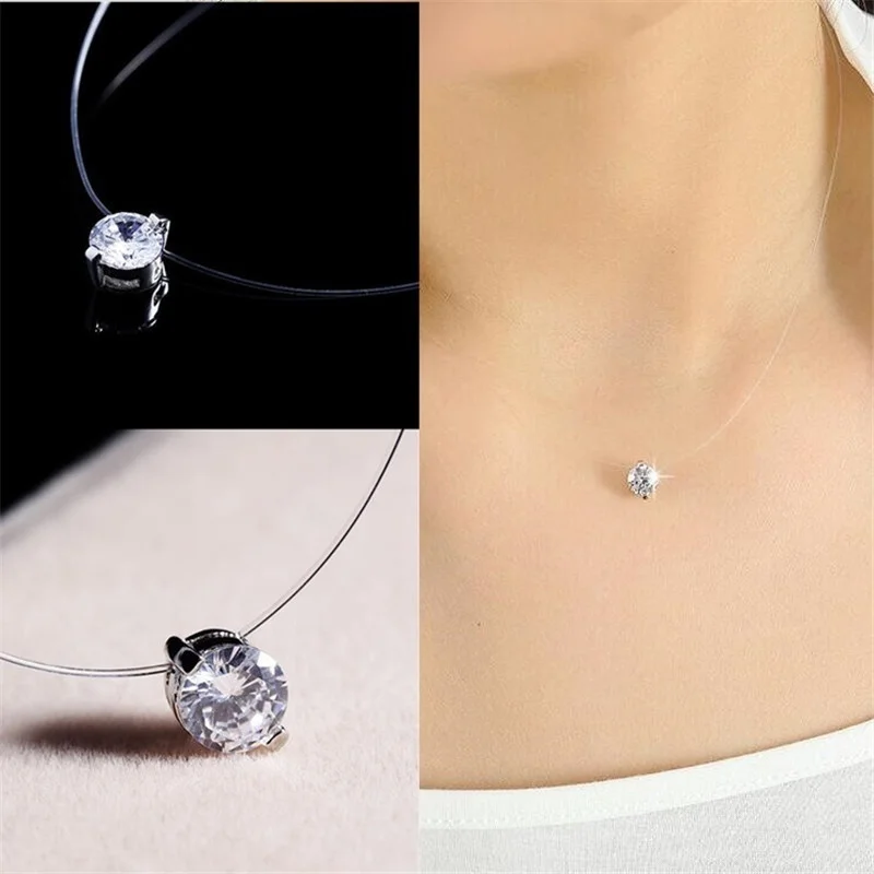 

Hot Sale Silver Color Dazzling Zircon Necklace For Women And Invisible Transparent Fishing Line Simple Pendant Jewelry