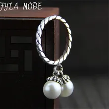 Fyla Mode Elegant Double Shell Pearls Charms Solid 925 Sterling Silver Female Rings Fine Jewelry For Girls 2mm 3.40G TYC043