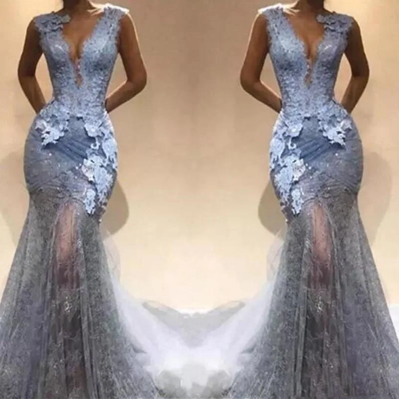 Silver Grey Lace floral 2018 Mermaid Prom Dresses Sexy Deep V Neck Lace Appliqued trumpet Evening Dress Illusion Party Gowns159