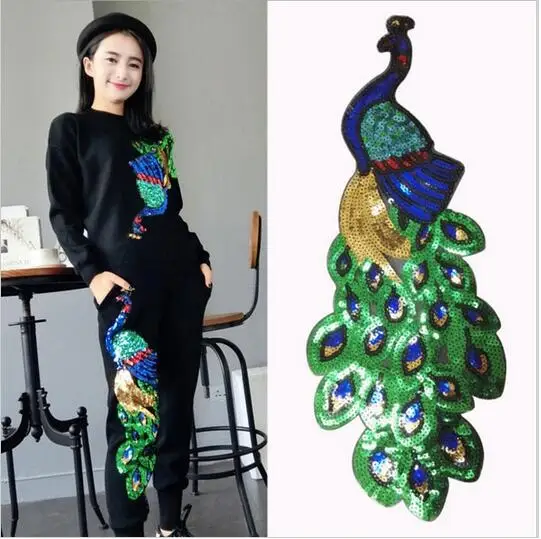 

Sequined Peacock Embroidery Fabric Large Applique Patch Applique Clothes Sew On Patch