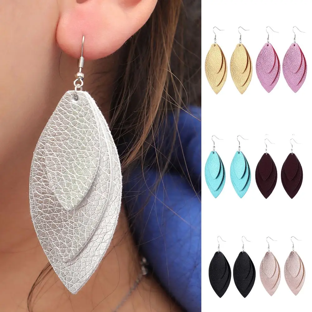 

Bohemian Leaf Feather Faux Leather Sequins Triple Layered Dangle Hook Earrings