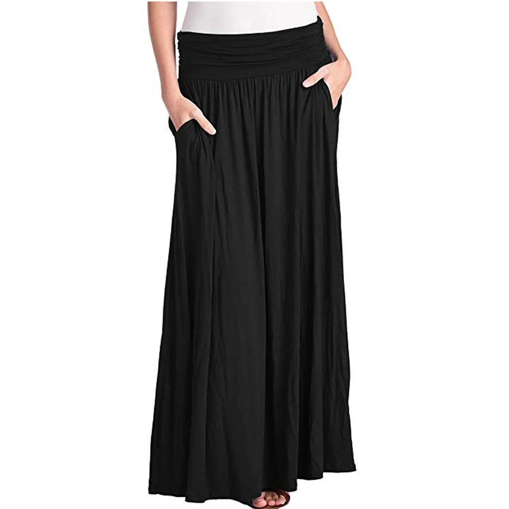 

Fashion New Women's Summer Bohemian High Waist Solid Color Large Solid Color Skirt Pocket Beach Wrap Maxi Dress jupe femme 40*