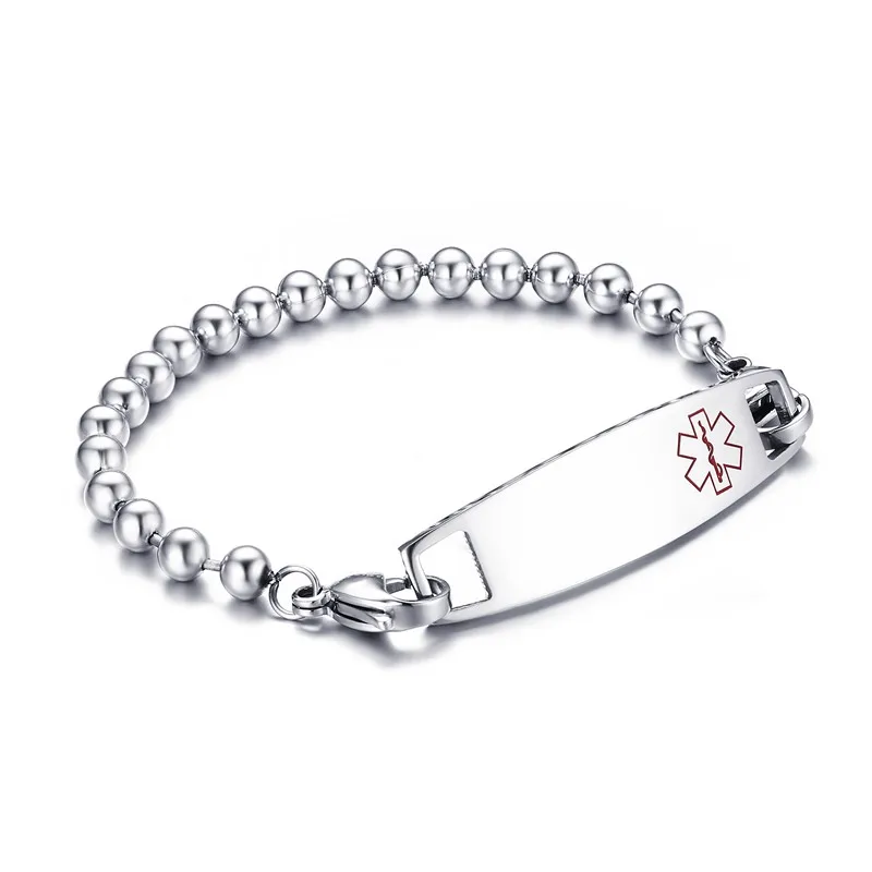 

Stainless Steel Medical Alert ID Bracelet with Beads Chain Medical ID Tag Free Engraving