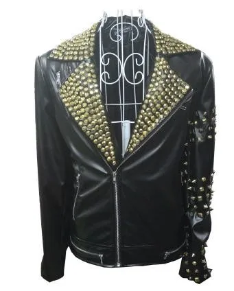Заклепки панк мотоциклы кожаная куртка для мужчин для певицы для сцены 1 Мода jaqueta couro мужские кожаные куртки и пальто Настраиваемые