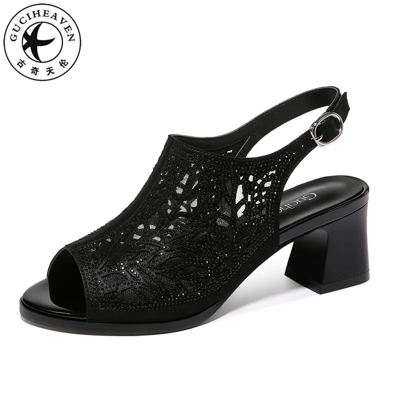 

Guciheaven2019 Mesh Rome Sandals Women Fish Head Bowl Sexy Hollow Peeper Toe Shoes High Thick Heels 6cm Crystal Buckle Strap