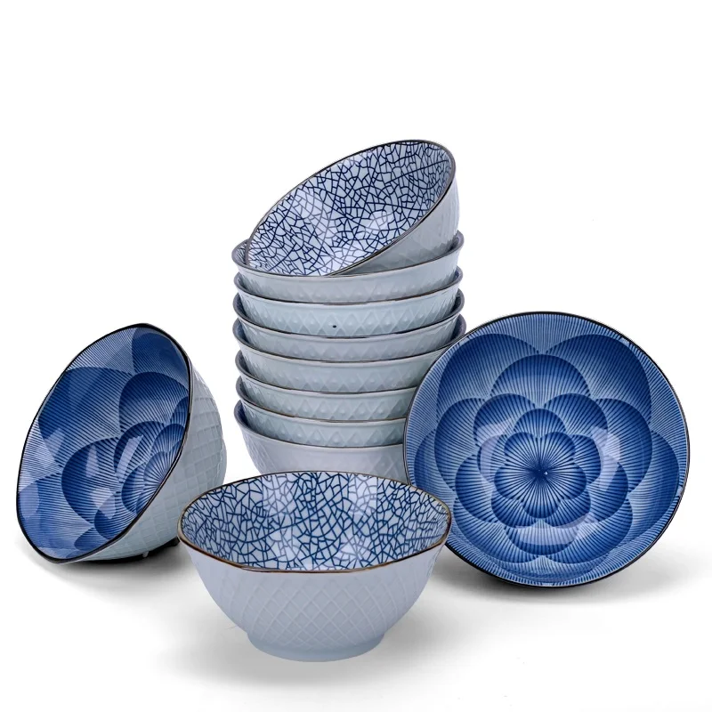 

5/6 Inch Retro Blue Ceramics Bowl Microwave Food Container Dinnerware Ramen Noodle Soup Rice Fruit Salad Plate Kitchen Tableware