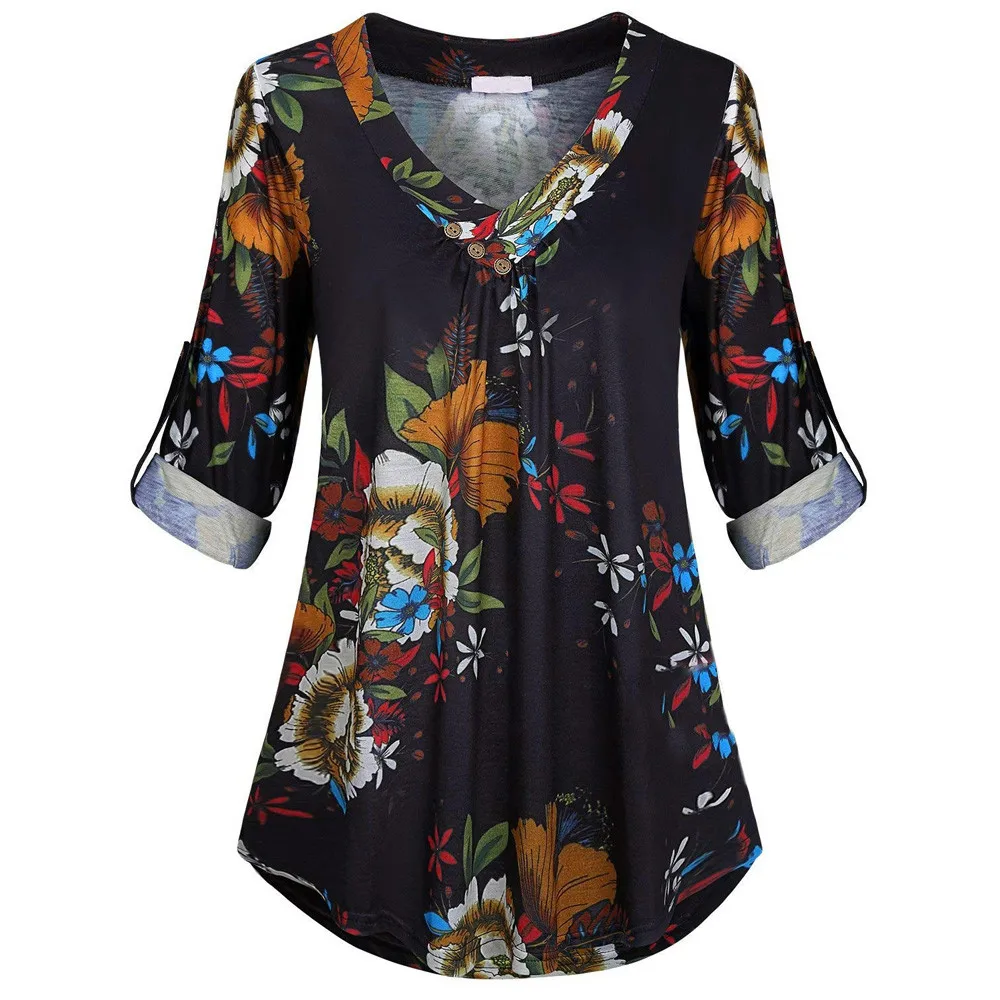 Блузка на пуговицах с цветочным принтом, Женский Топ, весна-осень, повседневный пуловер с v-образным вырезом и длинным рукавом, топы, женская рубашка, блузки размера плюс S-5XL