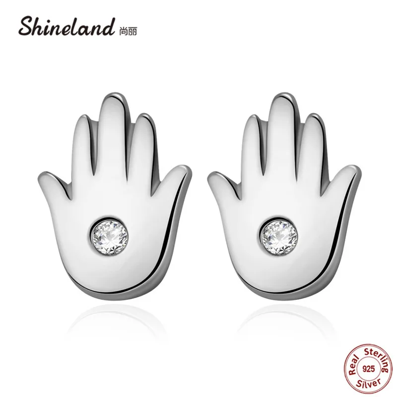 

Shineland Hamsa Hand Earrings Authentic 925 Sterling-Silver- jewelry Hand of Fatima Stud Earrings For Women Men boucle d oreille