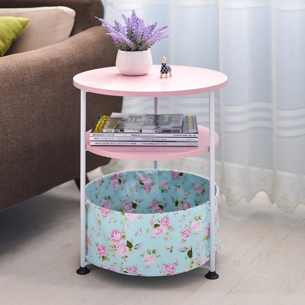 Household Movable Round Sofa Side Table with Removeable Storage Bag Coffee Table Tea Table Living Room Bedroom Office Furniture - Цвет: Light Pink